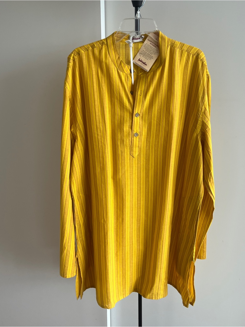 NWT FABINDIA Men's Mustard Yellow Woven 100% Cotton Nehru Kurta striped XXL
